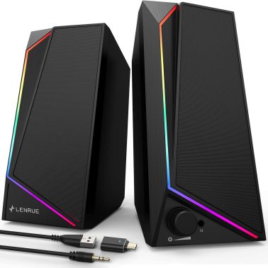LENRUE Computer Speakers, USB/USB-C Powered PC Speakers with Loud Stereo Sound, Headphone-in for Desktop, iMac, MacBook, Laptop, Monitor (USB-C to USB Adapter Included)