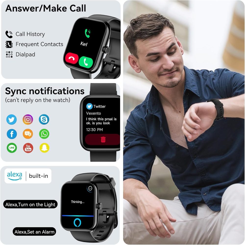 Smart Watch with Alexa & Bluetooth Calls, 1.83" HD Fitness Tracker for Men Women, IP68 Waterproof, 120+ Workout Modes, 24/7 Heart Rate/Sleep Tracking, iOS Android Compatible (Black) - Image 2