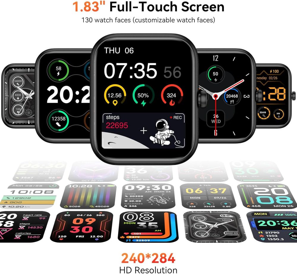 Smart Watch with Alexa & Bluetooth Calls, 1.83" HD Fitness Tracker for Men Women, IP68 Waterproof, 120+ Workout Modes, 24/7 Heart Rate/Sleep Tracking, iOS Android Compatible (Black) - Image 3