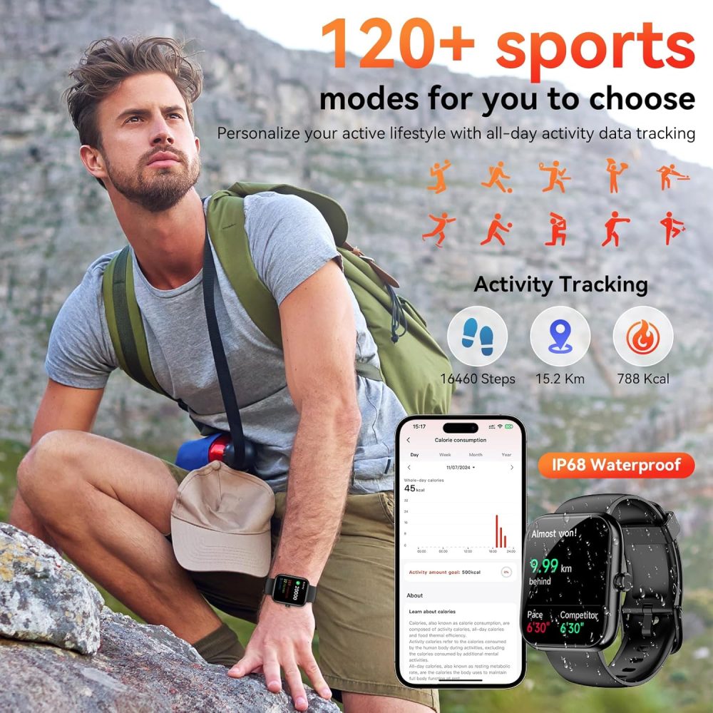 Smart Watch with Alexa & Bluetooth Calls, 1.83" HD Fitness Tracker for Men Women, IP68 Waterproof, 120+ Workout Modes, 24/7 Heart Rate/Sleep Tracking, iOS Android Compatible (Black) - Image 4
