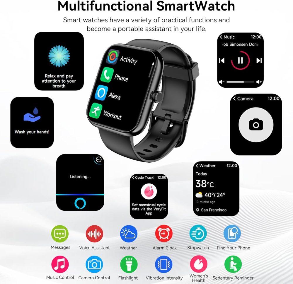Smart Watch with Alexa & Bluetooth Calls, 1.83" HD Fitness Tracker for Men Women, IP68 Waterproof, 120+ Workout Modes, 24/7 Heart Rate/Sleep Tracking, iOS Android Compatible (Black) - Image 6
